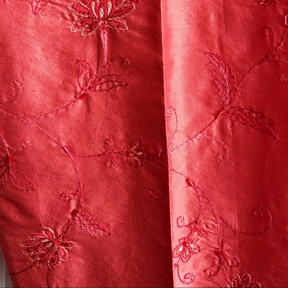 NEW Stunning Coral Silk Shantung Floral Embroidered Beaded Pants 14 - Picture 7 of 12